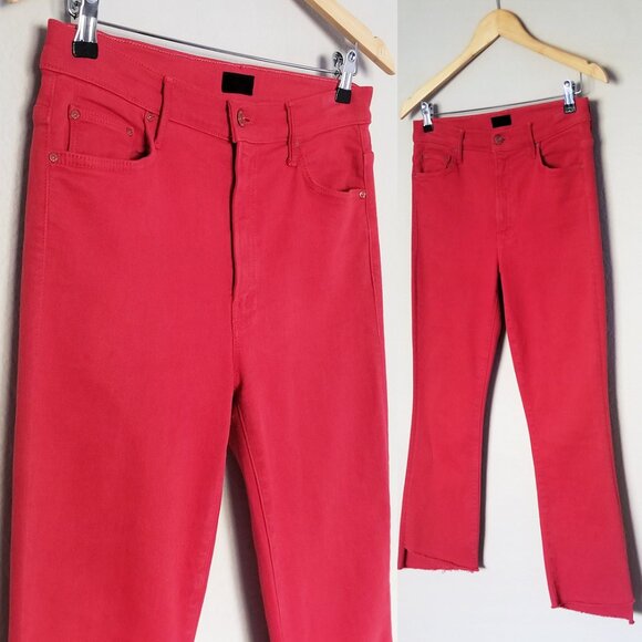 MOTHER The Insider High-Rise Crop Step Fray Jeans Hot Rod Red Size 30 $208 - Picture 9 of 16